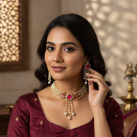 Palak Art Classic Kundan Stone And Pearl Meenakari Choker Necklace Set (PACK OF 3)