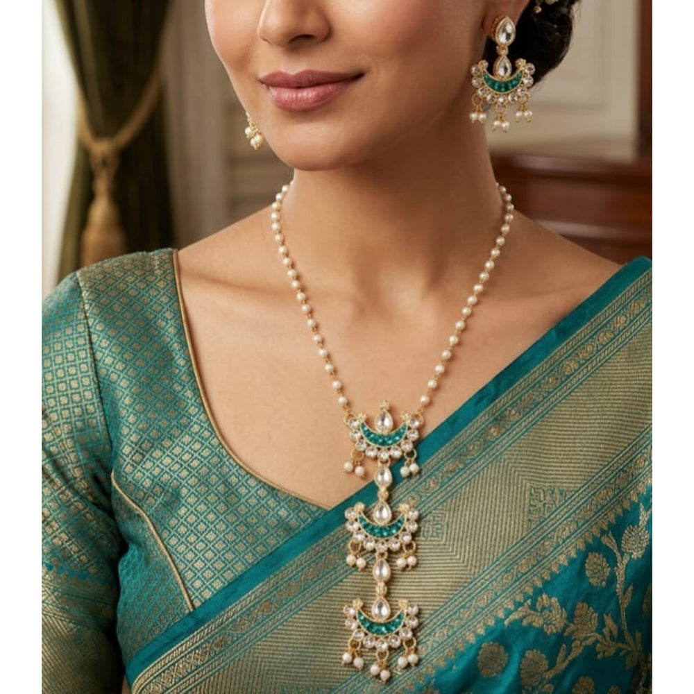 Palak Art Elegant Crystal Stone And Pearl Designer Long Necklace Set
