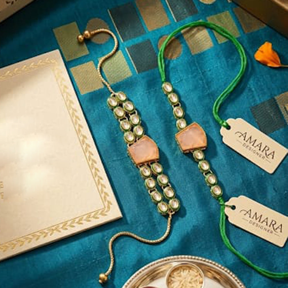 Palak Art Gold Plated Bhaiya And Bhabhi Kundan Stone Rakhi Combo