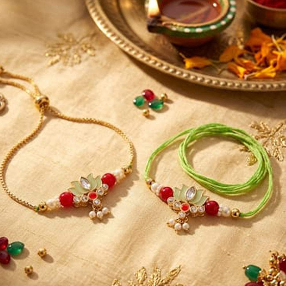 Palak Art Gold Plated Bhaiya And Bhabhi Kundan Stone Rakhi Combo