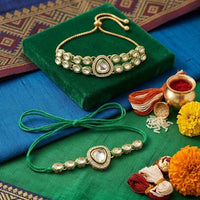 Palak Art Gold Plated Bhaiya And Bhabhi Kundan Stone Rakhi Combo