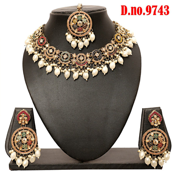 Rudraksh Art Gold Plated Crystal Stone Pearls And Beads Necklace Set