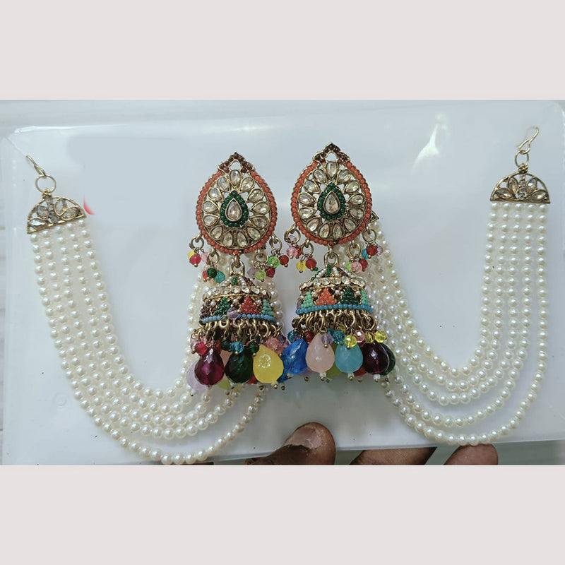 Rudraksh Art Gold Plated Crystal Stone And Beads Kan Chain Jhumki