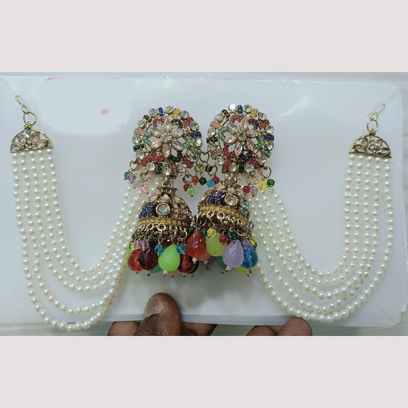 Rudraksh Art Gold Plated Crystal Stone And Beads Kan Chain Jhumki