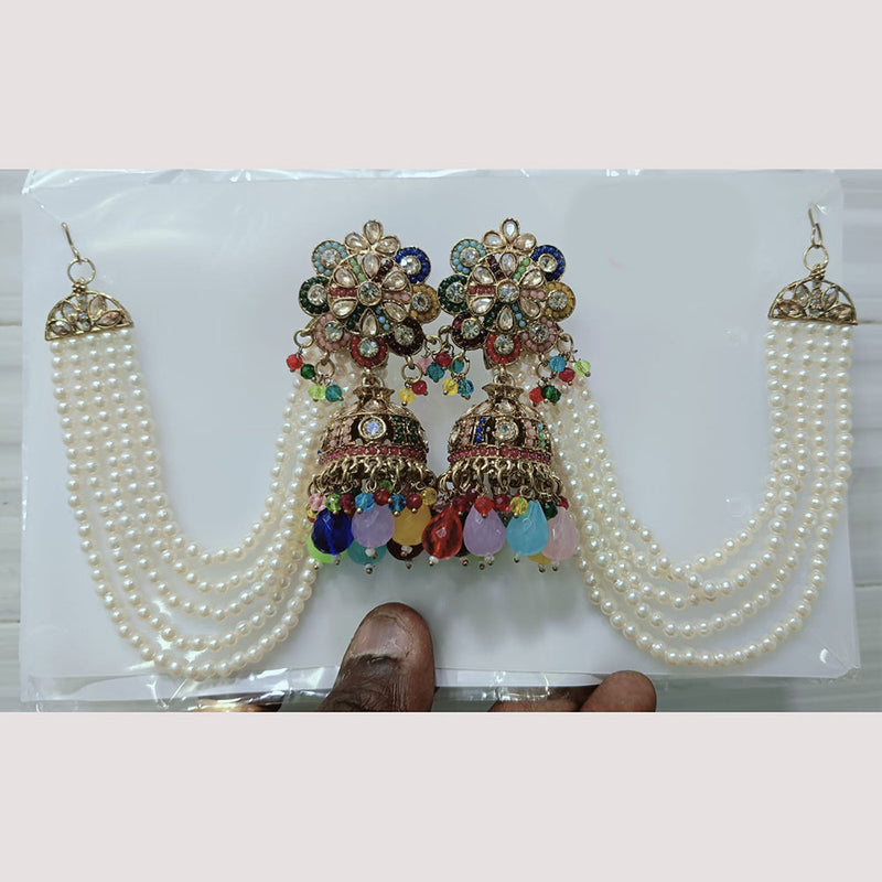 Rudraksh Art Gold Plated Crystal Stone And Beads Kan Chain Jhumki