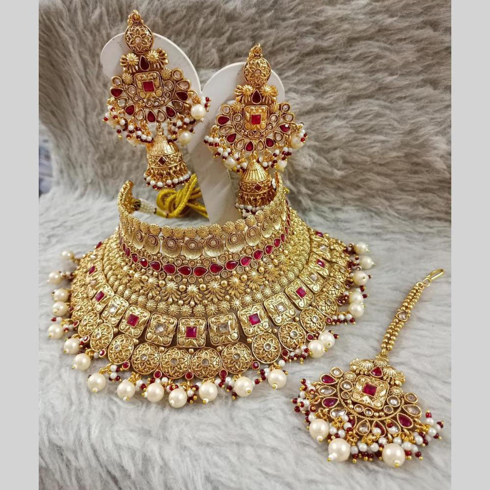 Star India Gold Plated Crystal Stone Pearl And Beads Choker Necklace Set