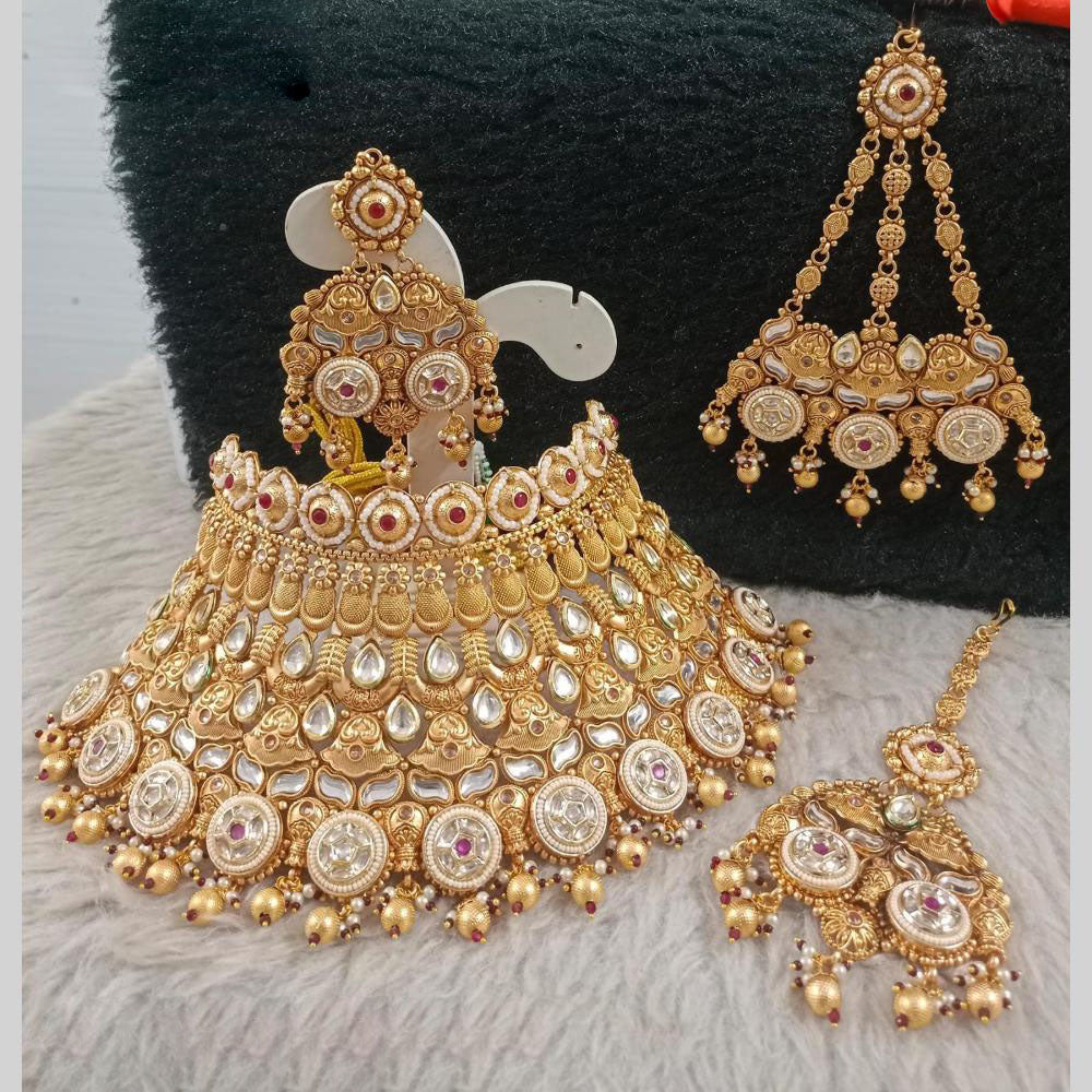 Star India Gold Plated Kundan Stone Pearl And Beads Choker Necklace Set