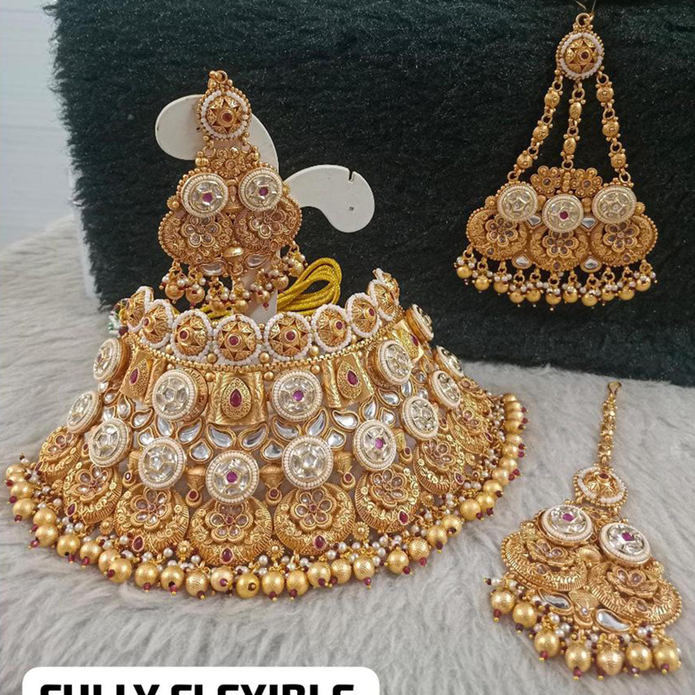 Star India Gold Plated Kundan Stone Pearl And Beads Choker Necklace Set