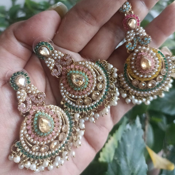 Exotica Collection Gold Plated Crystal Stone And Pearls Jhumki Earrings With Maangtikka