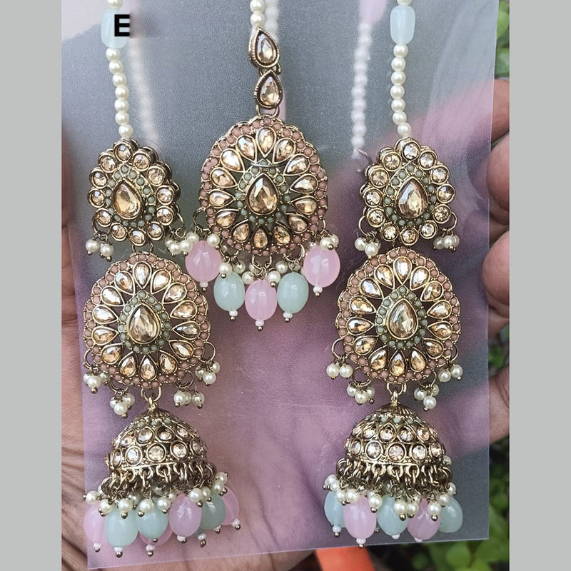 Exotica Collection Gold Plated Crystal Stone And Pearls Jhumki Earrings With Maangtikka