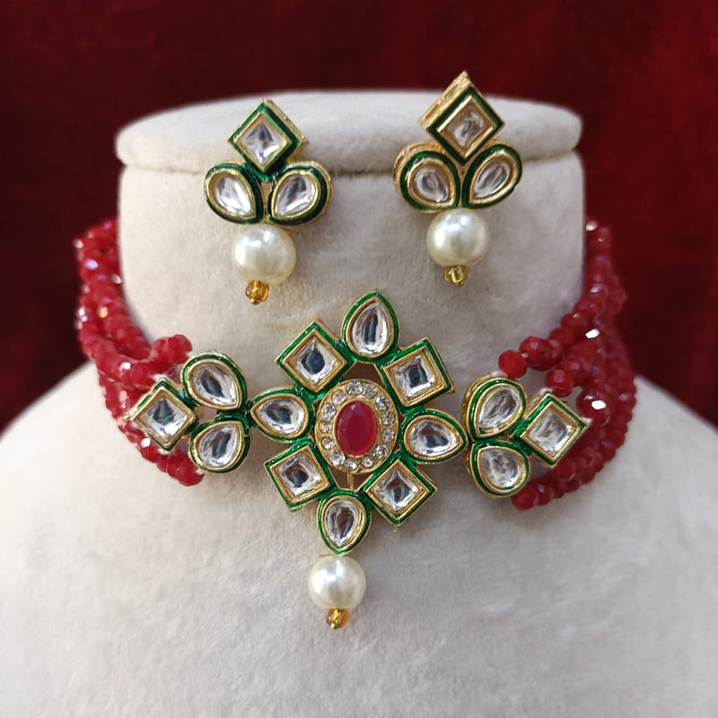 Exotica Collection Gold Plated Kundan Stone And Beads Meenakari Choker Necklace Set