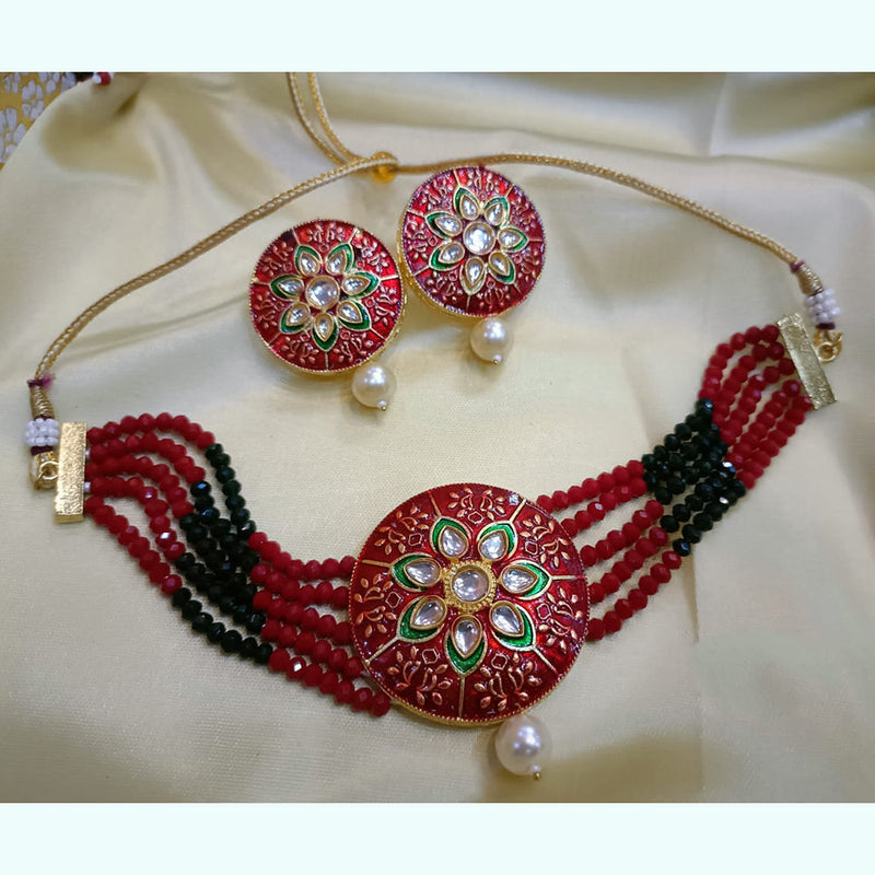 Exotica Collection Gold Plated Kundan Stone And Beads Meenakari Choker Necklace Set