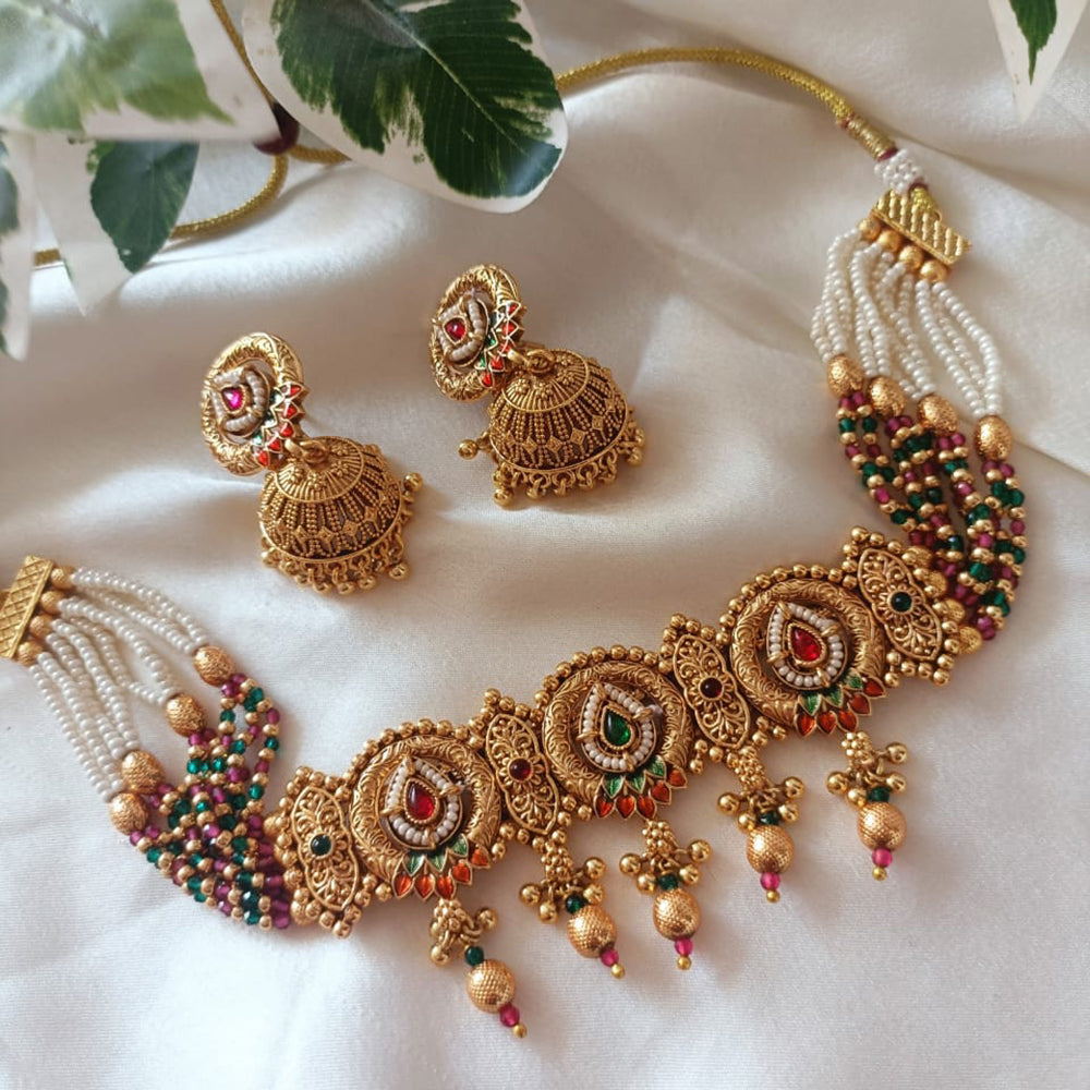 Exotica Collection Gold Plated Pota Stone And Pearl Necklace Set