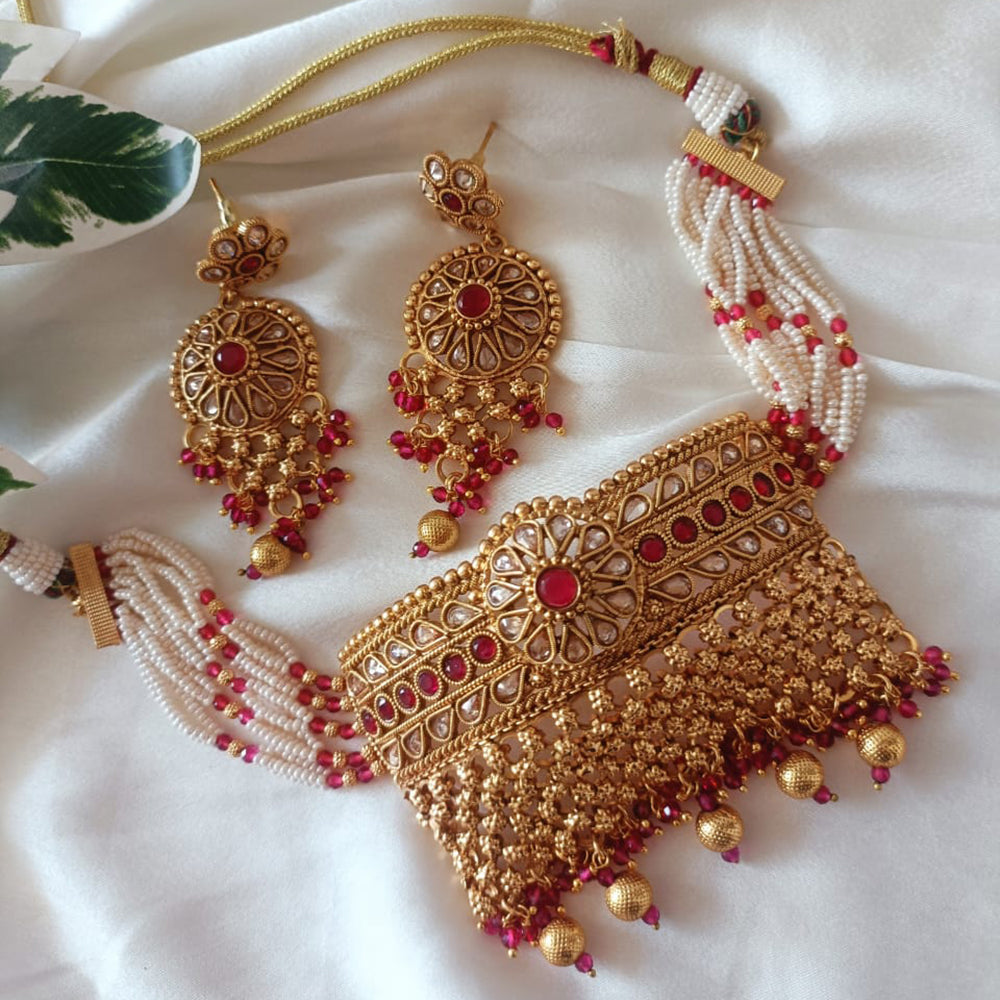 Exotica Collection Gold Plated Pota Stone And Pearl Necklace Set