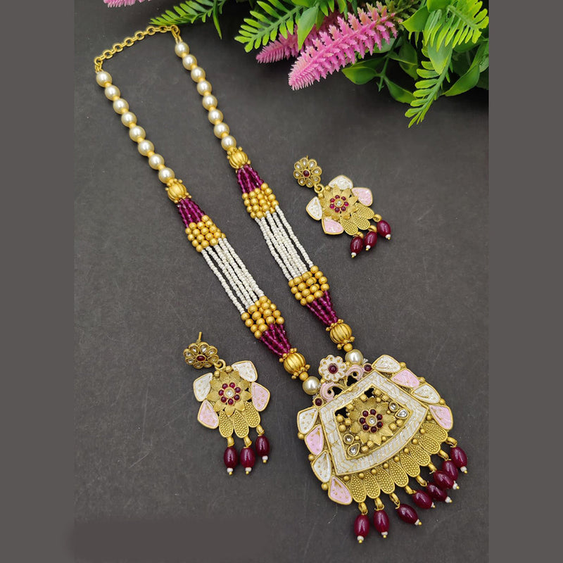 SP Jewellery Gold Plated Pota And Meenakari Long  Necklace Set