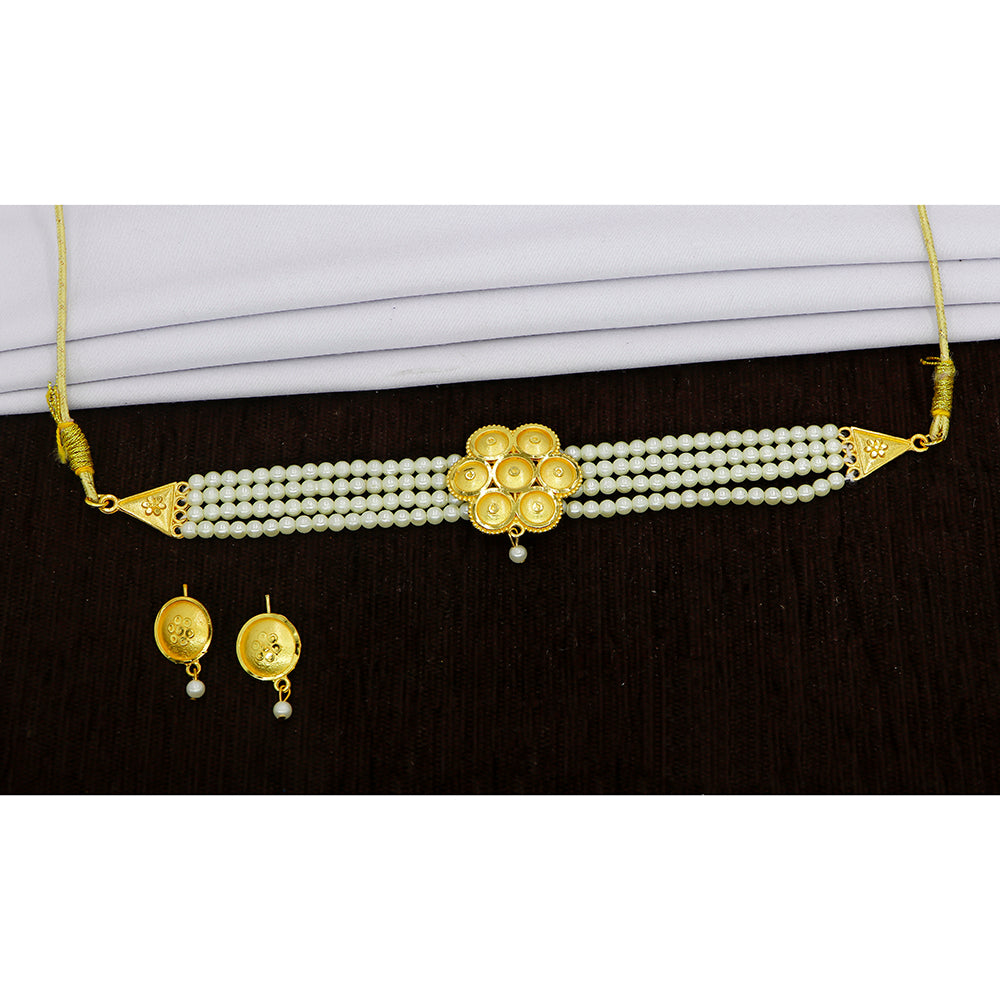 Mahavir Gold Plated Flower Design Pearl Choker Necklace Set (Pack of 12)