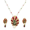 Urthn Red Meenakari Peacock Pearl Pendant Set