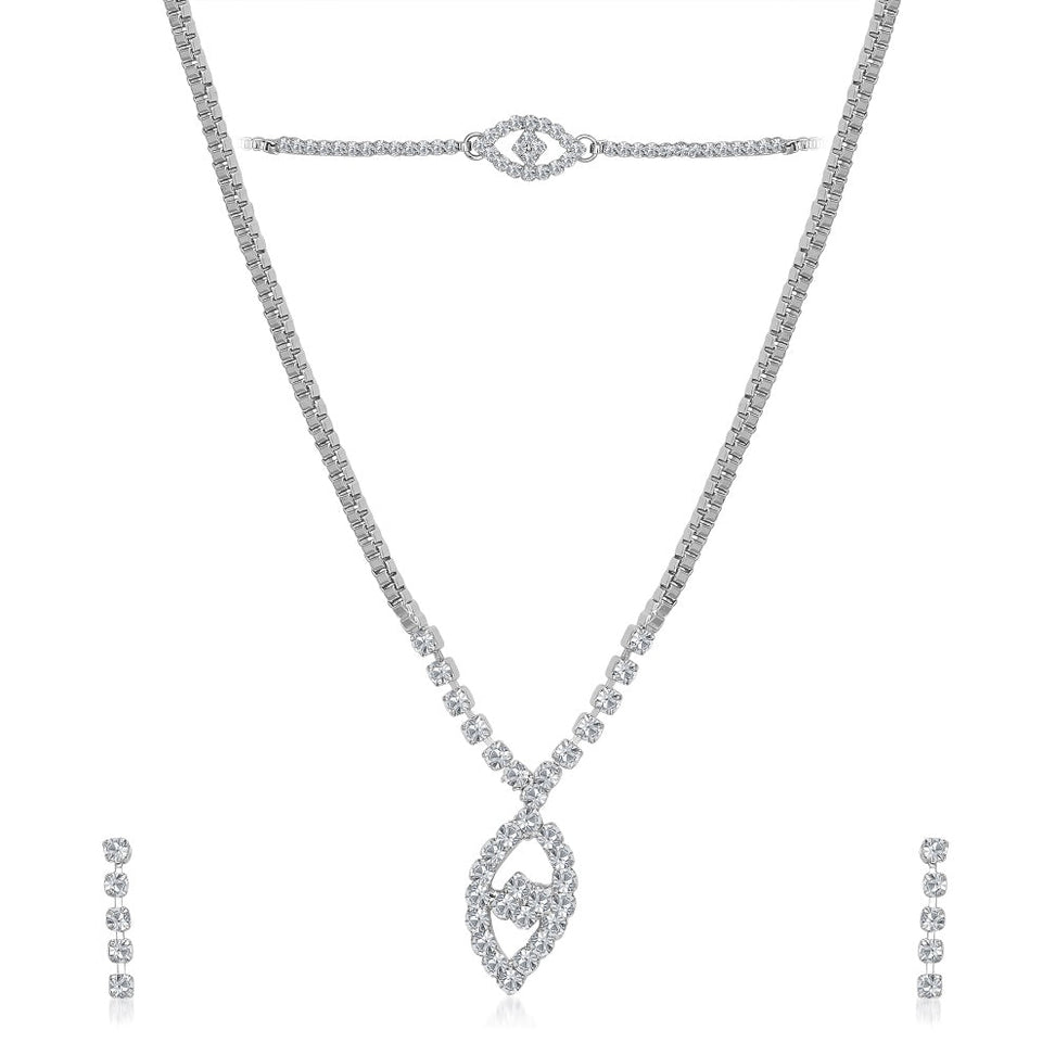 Urthn White Austrian Stone Necklace Set With Maang Tikka (Pack Of 6)