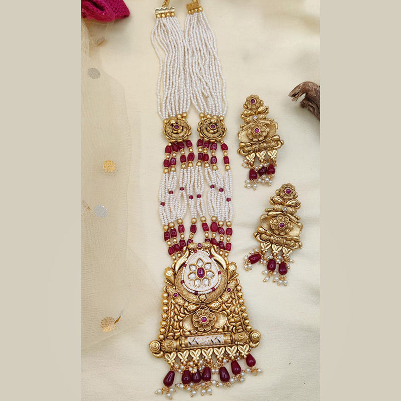 Jewel Addiction Copper Rajwadi Finish Pota Stone And Pearl Long Necklace Set