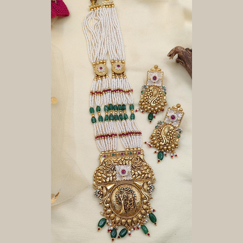 Jewel Addiction Copper Rajwadi Finish Pota Stone And Pearl Long Necklace Set