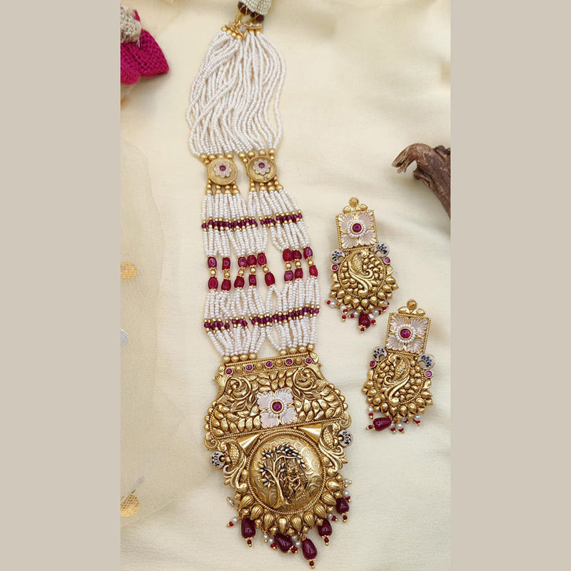 Jewel Addiction Copper Rajwadi Finish Pota Stone And Pearl Long Necklace Set