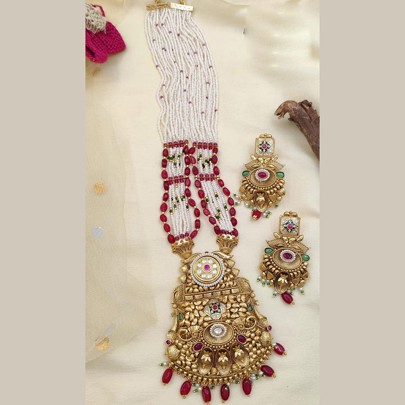 Jewel Addiction Copper Rajwadi Finish Pota Stone And Pearl Long Necklace Set