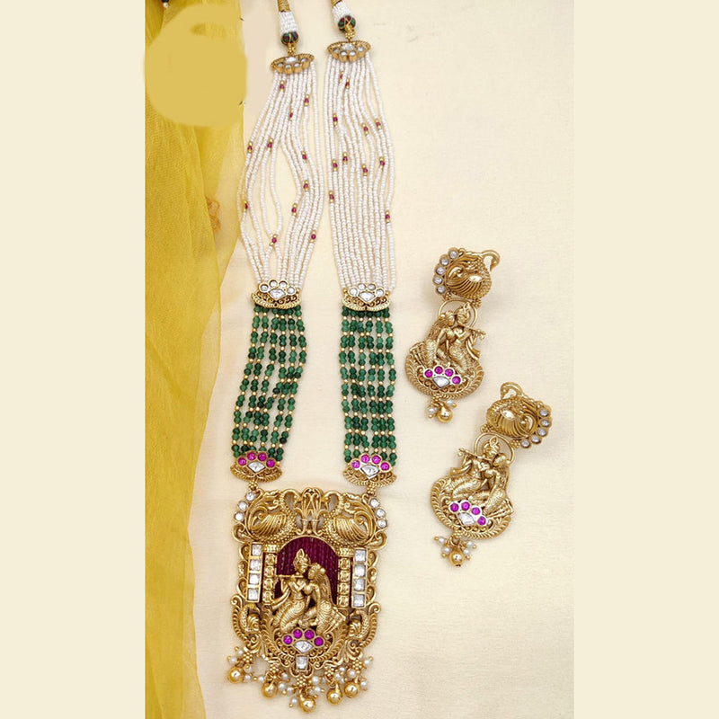 Jewel Addiction Copper Rajwadi Finish Pota Stone And Pearl Long Necklace Set