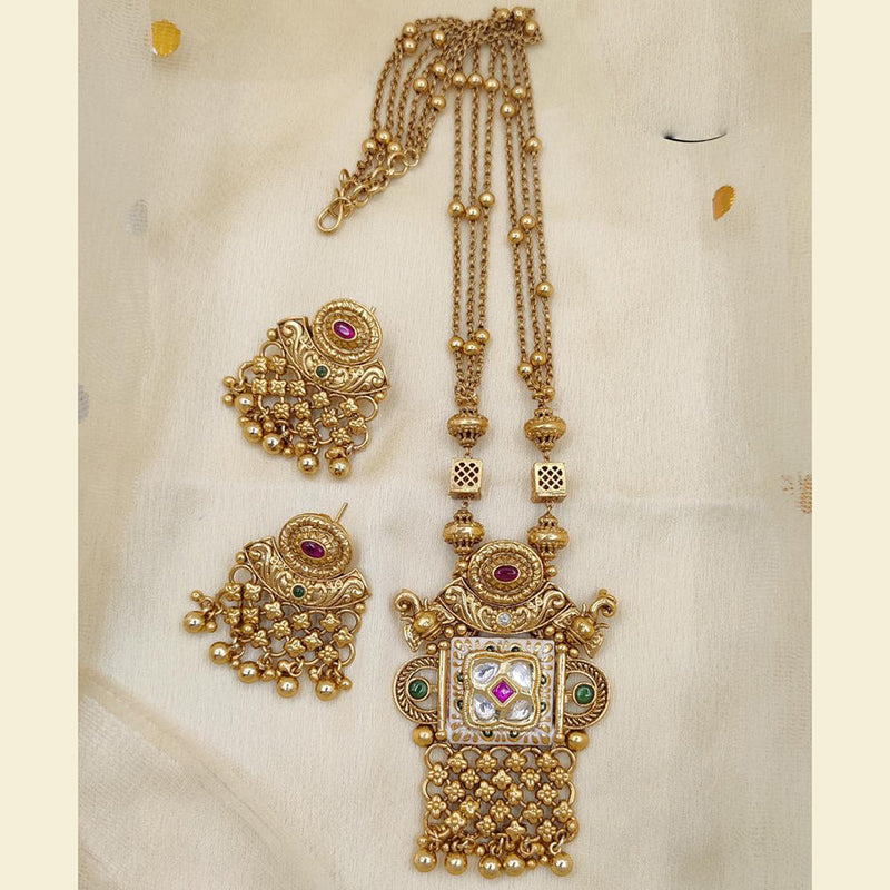 Jewel Addiction Copper Rajwadi Finish Pota Stone Long Necklace Set