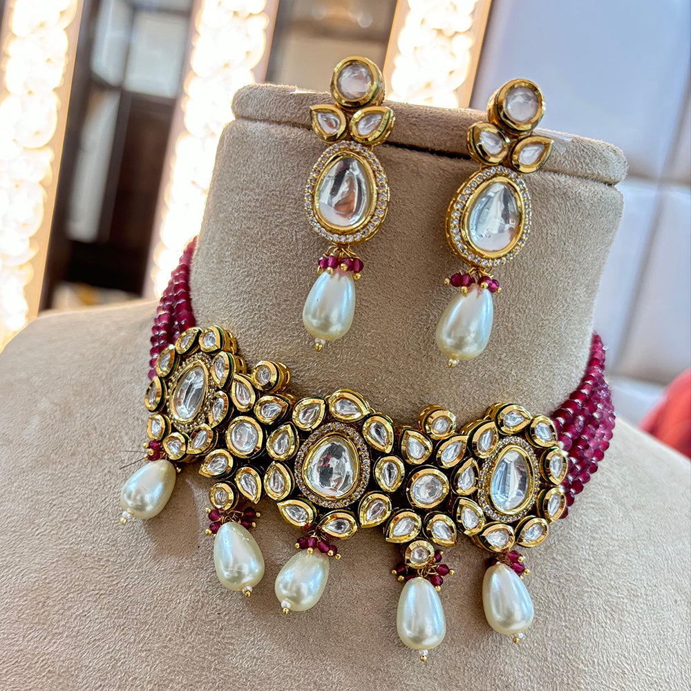 Jewel Addiction Copper Gold Plated Polki Kundan And Pearls Kundan Necklace Set