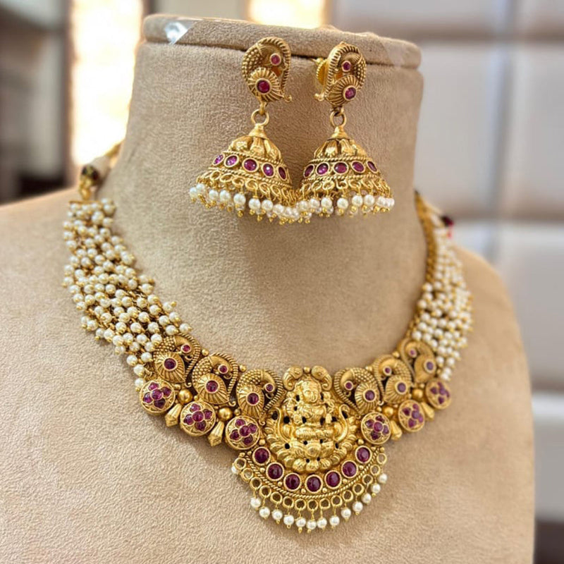 Jewel Addiction Gold Plated Pota Stone And Pearls Temple Necklace Set