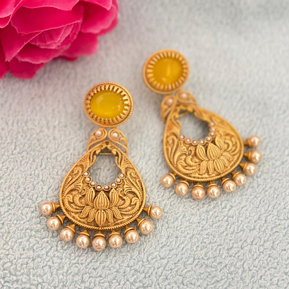 Jewel Addiction Gold Plated Pota Stone And Pearls Dangler Earrings
