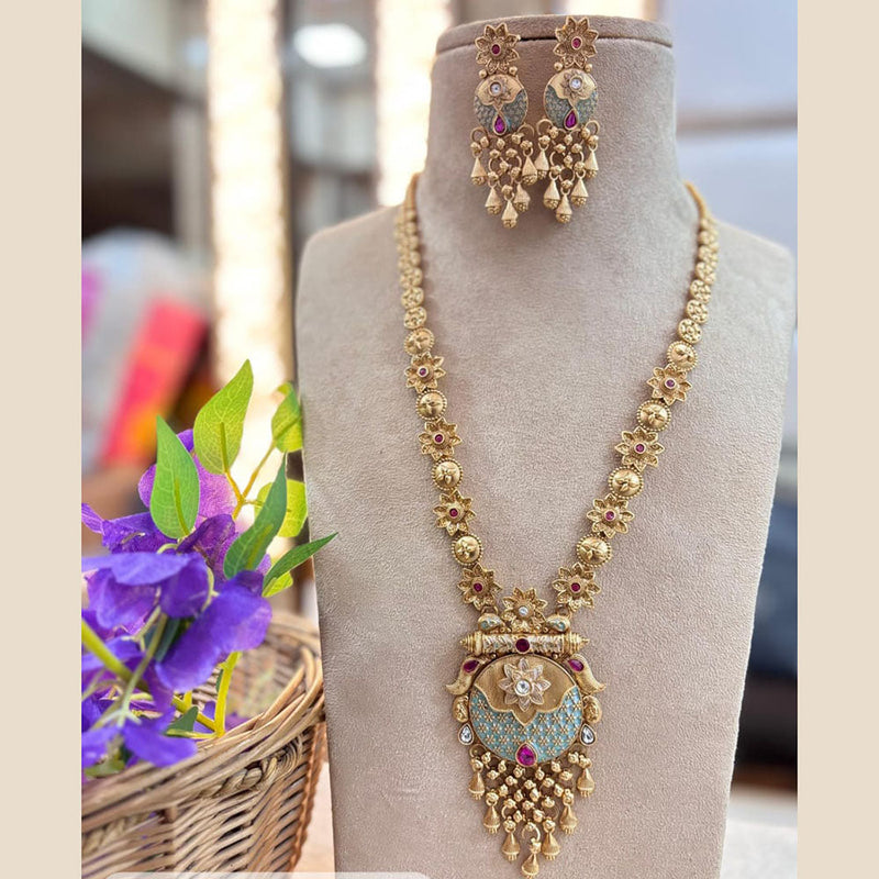 Jewel Addiction Gold Plated Pota Stone And Meenakari Long Necklace Set