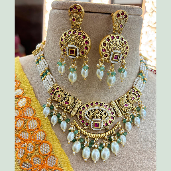 Jewel Addiction Copper Gold Pota Stone And Pearl Necklace Set