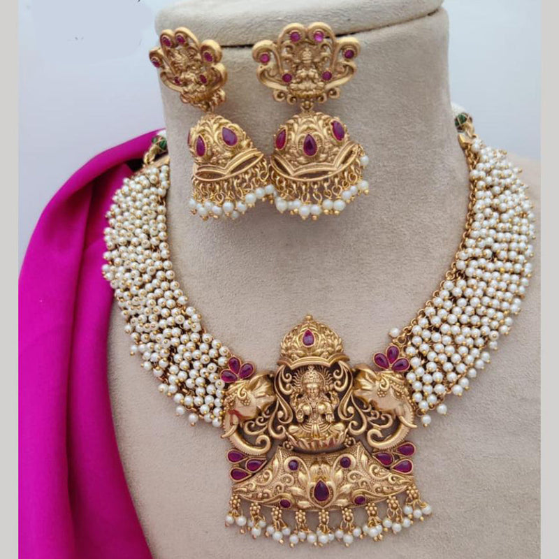 Jewel Addiction Gold Plated Kundan Stone And Pearls Temple Choker Necklace Set