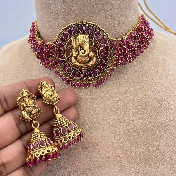 Jewel Addiction Gold Plated Pota Stone And Pearls Lord Ganesha Choker Necklace Set