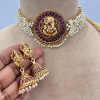 Jewel Addiction Gold Plated Pota Stone And Pearls Lord Ganesha Choker Necklace Set