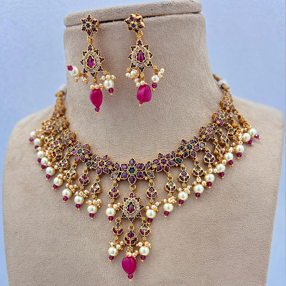 Jewel Addiction Gold Plated Pota Stone And Pearls Necklace Set