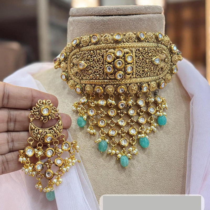 Jewel Addiction Gold Plated Kundan Stone And Pearls Choker Necklace Set