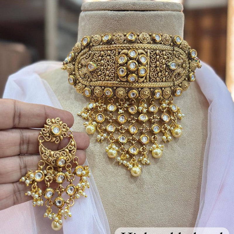 Jewel Addiction Gold Plated Kundan Stone And Pearls Choker Necklace Set