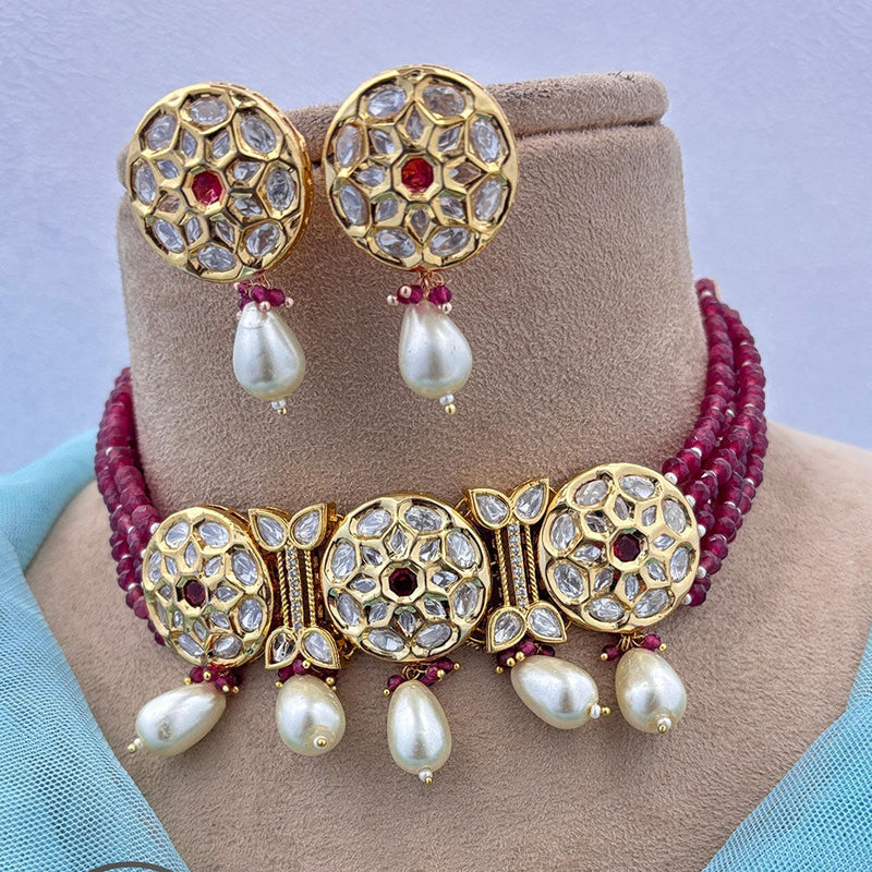 Jewel Addiction Gold Plated Polki Kundan Stone And Pearls Choker Necklace Set