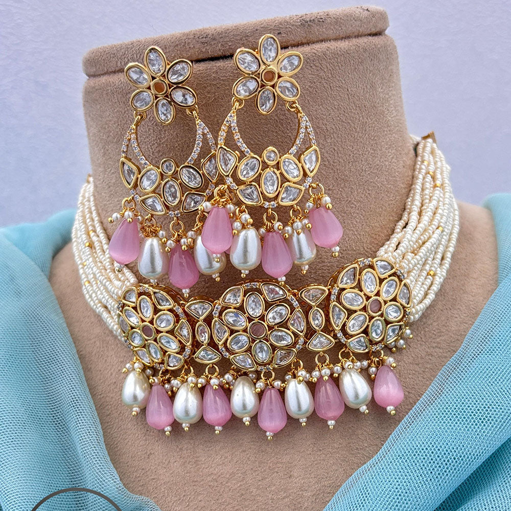 Jewel Addiction Gold Plated Polki Kundan Stone And Pearls Choker Necklace Set