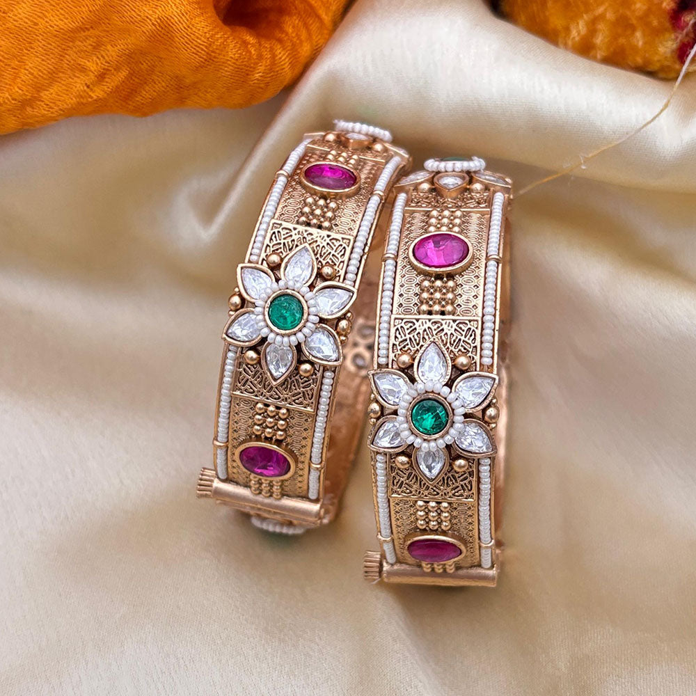 Jewel Addiction Gold Plated Pota Stone Pearls Openable Bangles Set