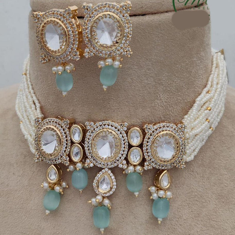 Jewel Addiction Copper Gold Plated Polki Kundan Stone Beads Choker Necklace Set