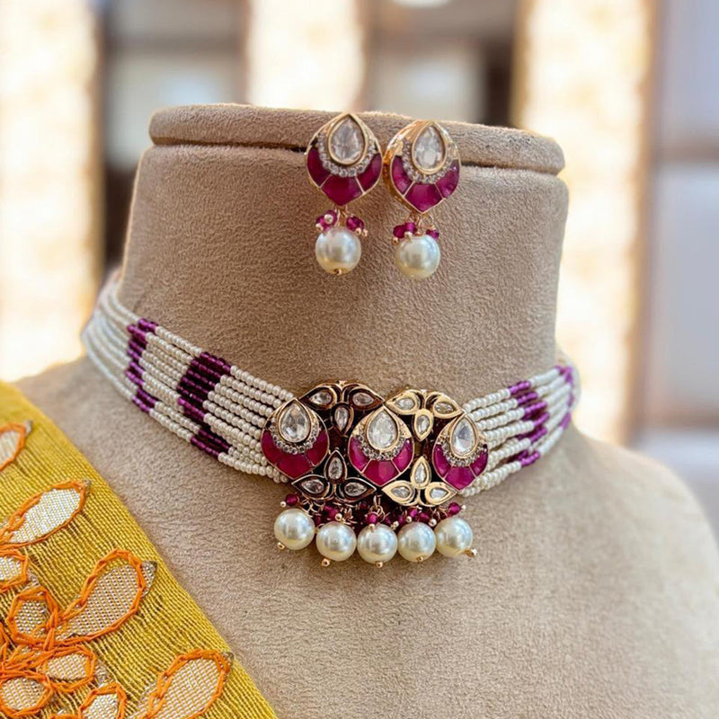 Jewel Addiction Copper Gold Plated Polki Kundan Stone Beads Choker Necklace Set