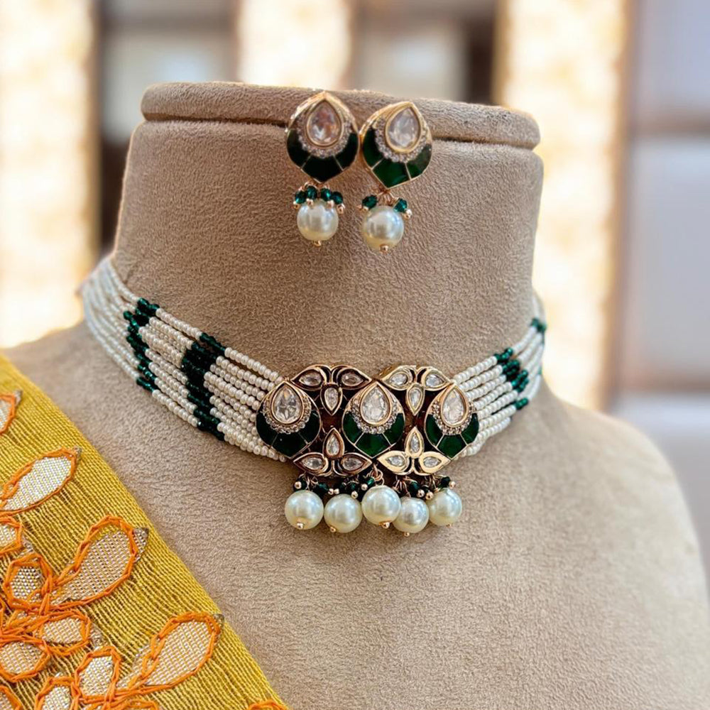 Jewel Addiction Copper Gold Plated Polki Kundan Stone Beads Choker Necklace Set