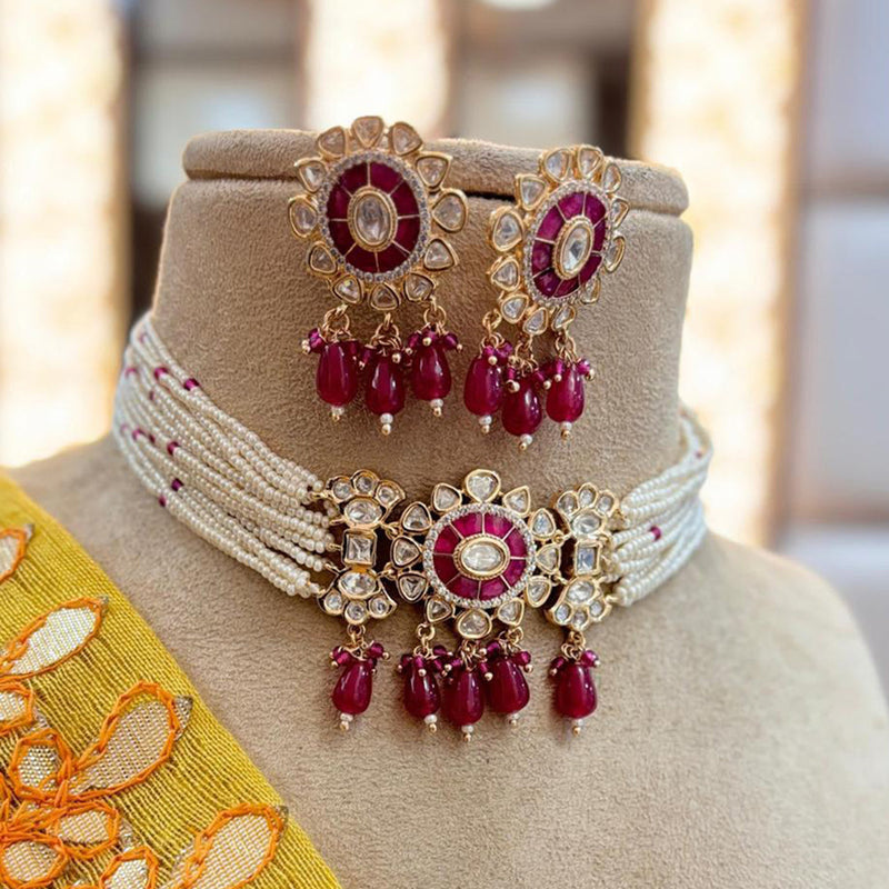 Jewel Addiction Copper Gold Plated Polki Kundan Stone Beads Choker Necklace Set