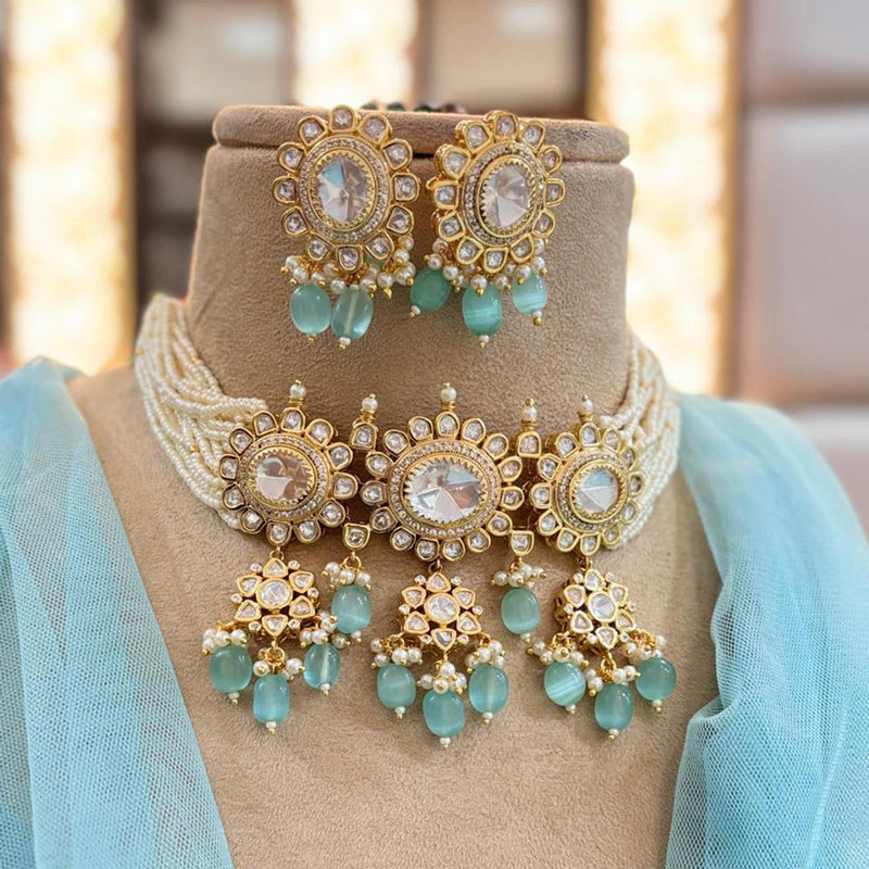 Jewel Addiction Copper Gold Plated Polki Kundan Stone Beads Choker Necklace Set