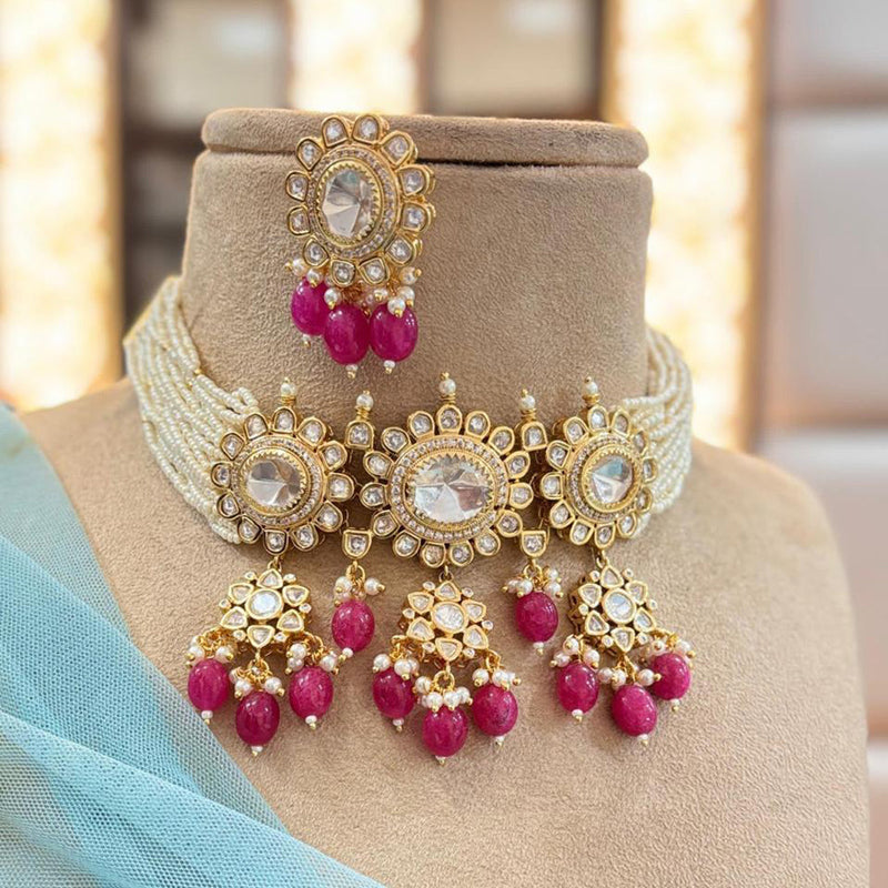 Jewel Addiction Copper Gold Plated Polki Kundan Stone Beads Choker Necklace Set