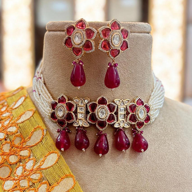 Jewel Addiction Copper Gold Plated Polki Kundan Stone Beads Choker Necklace Set