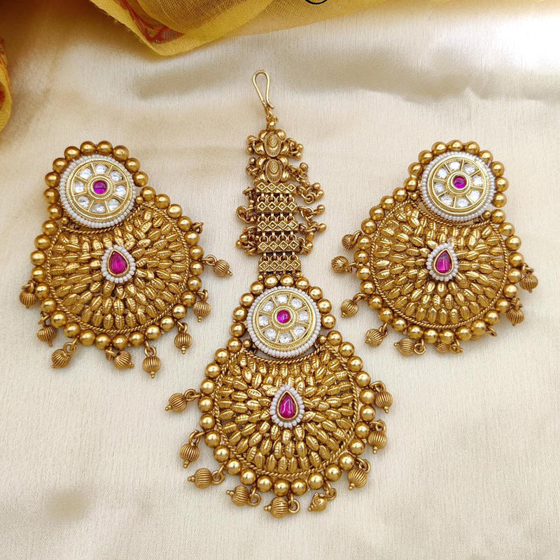 Jewel Addiction Gold Plated Pota Stone And Beads Dangler Earrings With Maangtikka